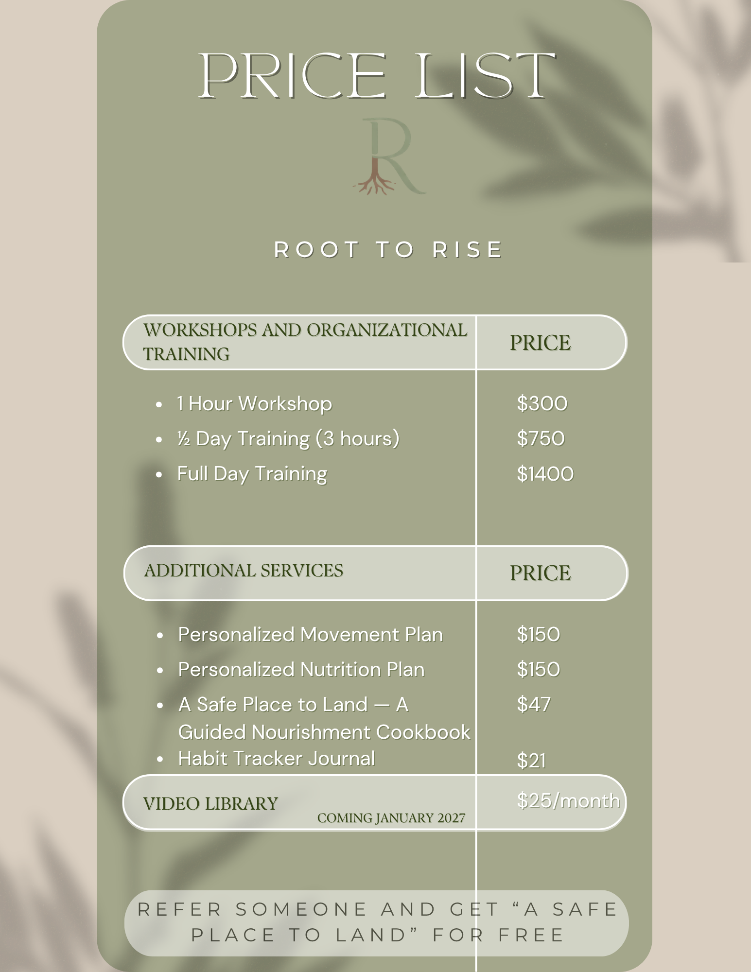 Root to Rise price list poster showing workshops, organizational training, additional services, video library pricing, and referral offer.