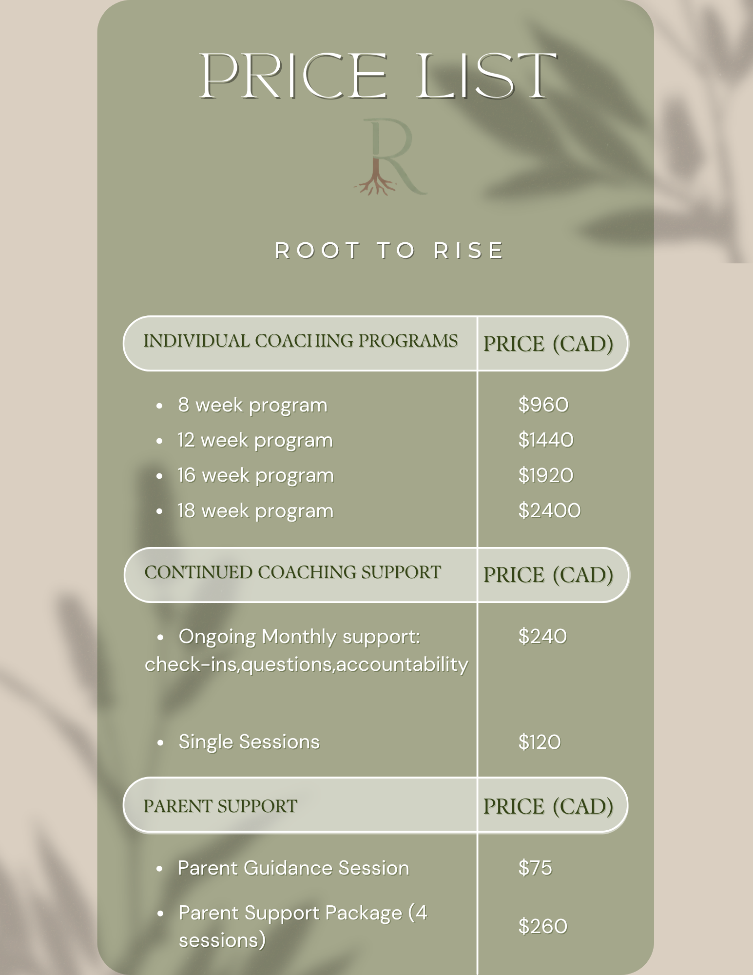 Root to Rise price list poster showing individual coaching programs, continued coaching support, and parent support pricing.
